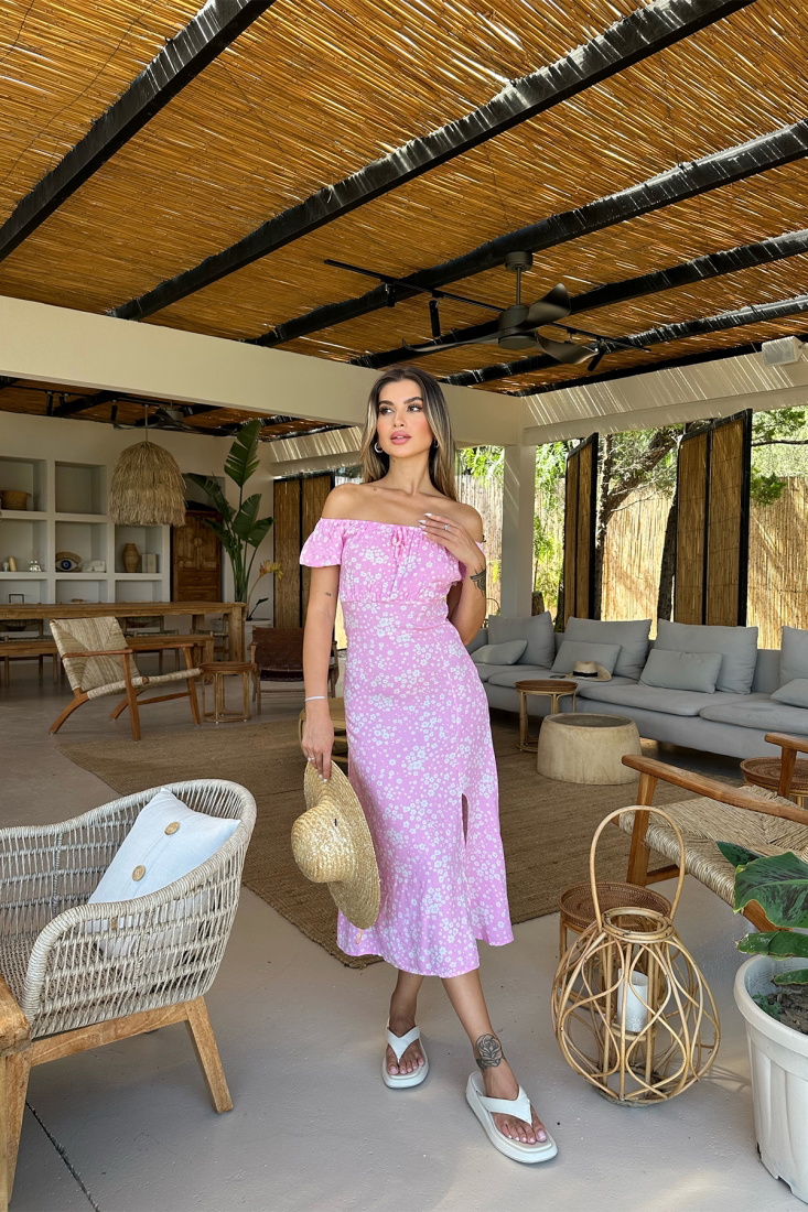 Pembe Çiçek Desen Yırtmaç Detay Elbise ATE7485 - EYYO