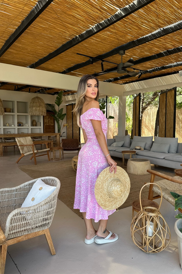 Pembe Çiçek Desen Yırtmaç Detay Elbise ATE7485 - 5