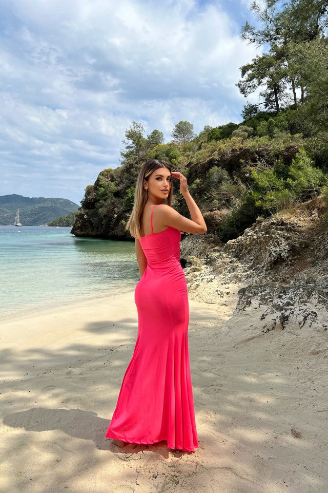 Pembe Derin Yırtmaçlı Askılı Elbise ATE6578 - 5
