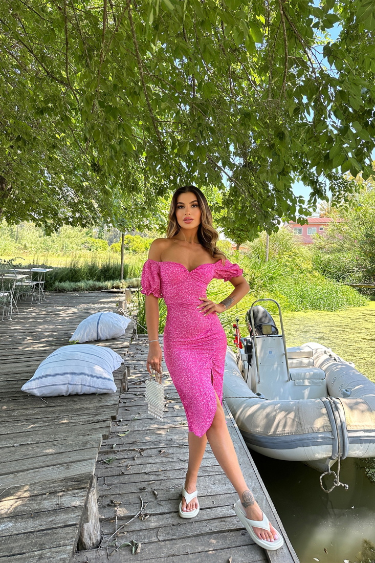 Pembe Derin Yırtmaçlı Uzun Elbise ATE7236 - EYYO