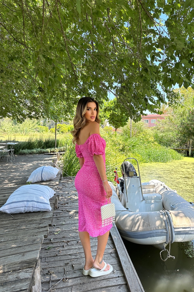 Pembe Derin Yırtmaçlı Uzun Elbise ATE7236 - 5