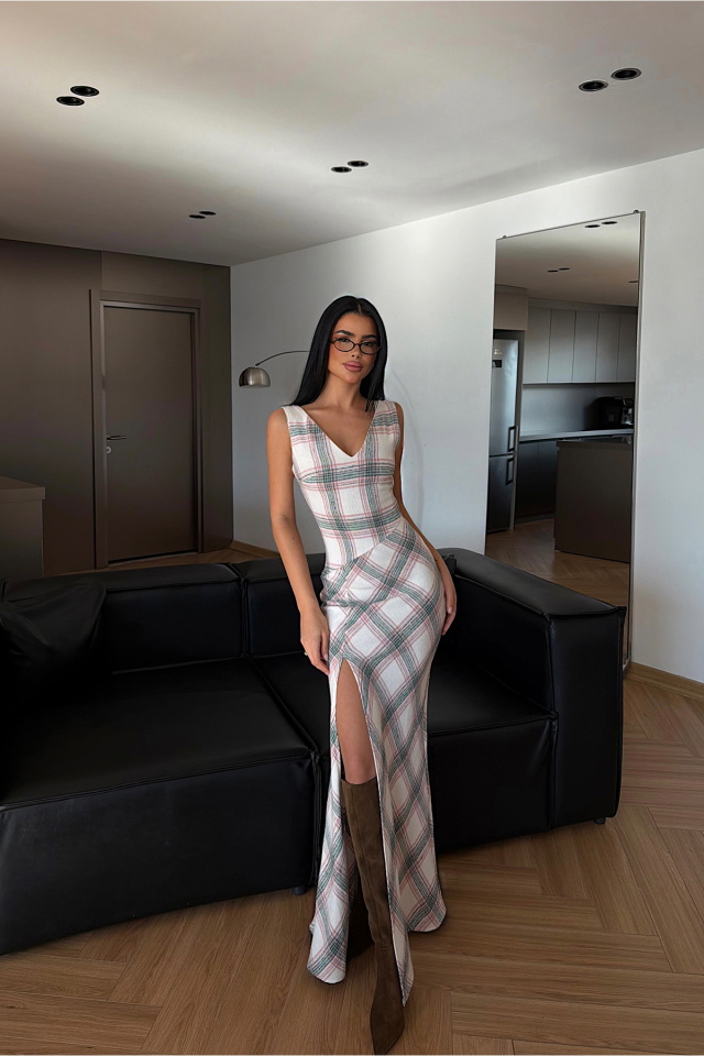 Briar Yırtmaçlı Ekose Uzun Elbise ATE-4223 - 3