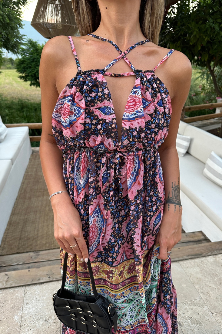 Pembe Etnik Desen Uzun Elbise ATE7196 - EYYO