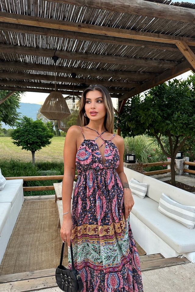 Pembe Etnik Desen Uzun Elbise ATE7196 - 5
