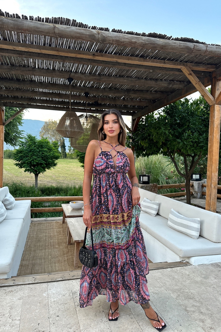 Pembe Etnik Desen Uzun Elbise ATE7196 - EYYO