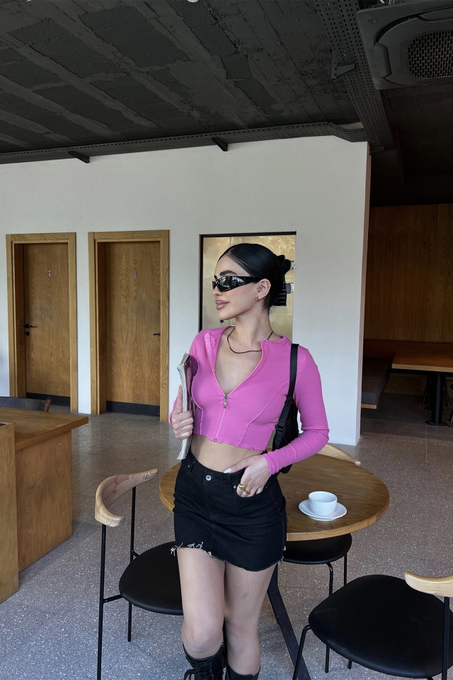 Pembe Fermuar Detay Crop Top ATE3822 - 1