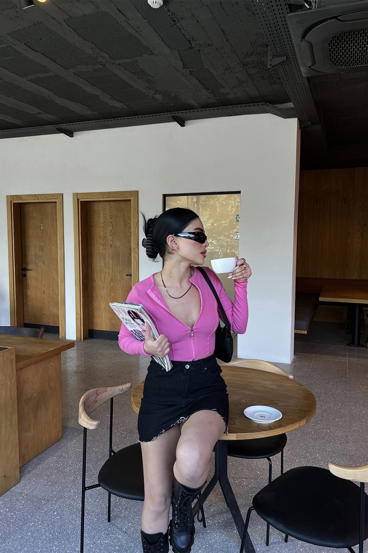 Pembe Fermuar Detay Crop Top ATE3822 - EYYO