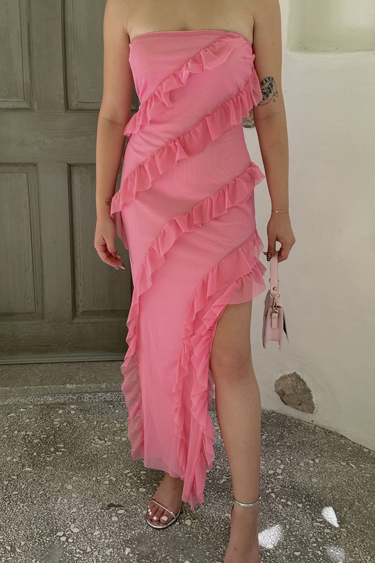 Pembe Fırfır Detay Derin Yırtmaçlı Elbise ATE7862 - EYYO