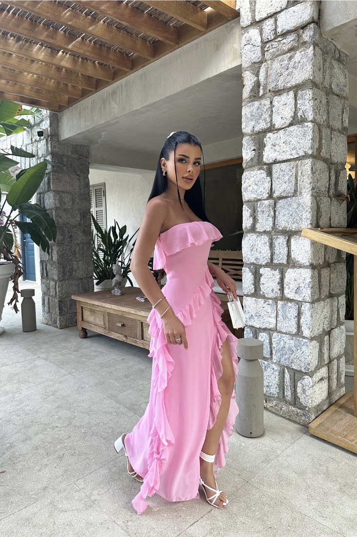 Pembe Fırfırlı Derin Yırtmaçlı Elbise ATE7455 - EYYO