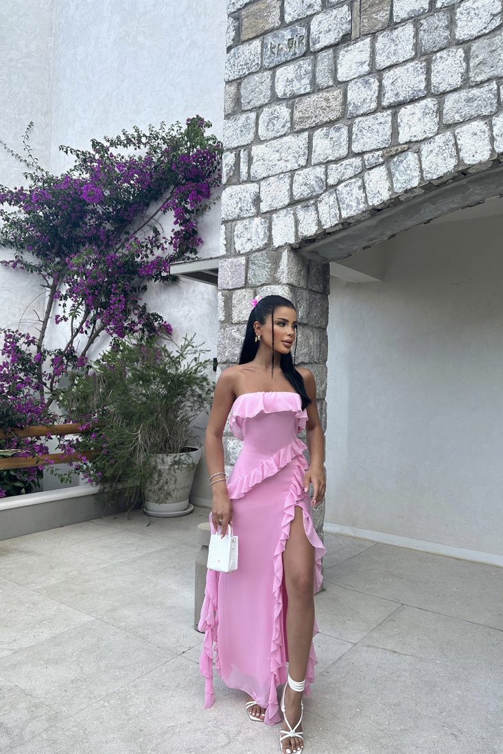 Pembe Fırfırlı Derin Yırtmaçlı Elbise ATE7455 - EYYO