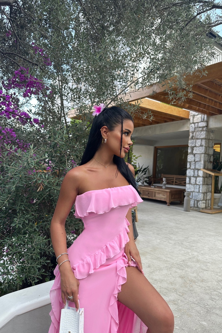 Pembe Fırfırlı Derin Yırtmaçlı Elbise ATE7455 - EYYO