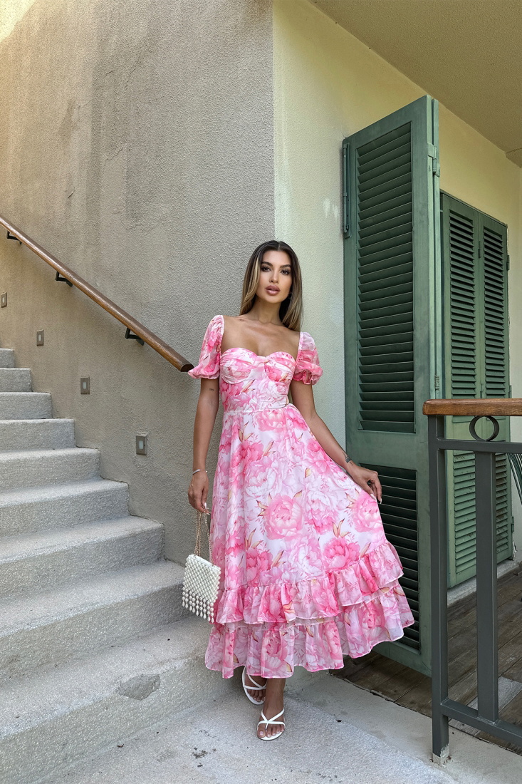 Pembe Gül Desen Tül Elbise ATE7355 - EYYO