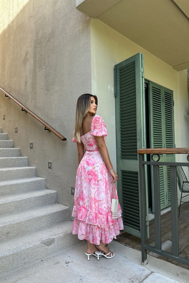 Pembe Gül Desen Tül Elbise ATE7355 - 5