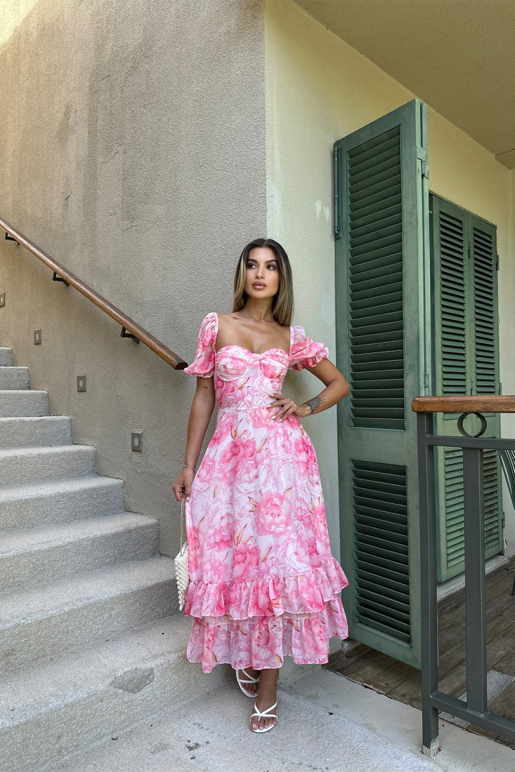 Pembe Gül Desen Tül Elbise ATE7355 - EYYO