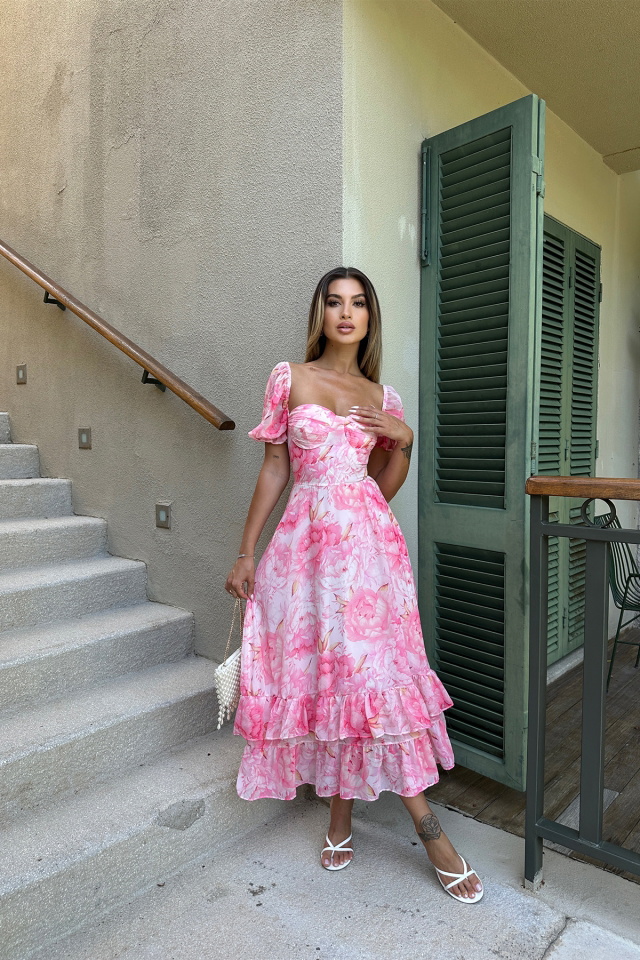 Pembe Gül Desen Tül Elbise ATE7355 - 4
