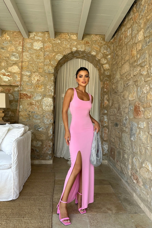 Pembe Kare Yaka Yırtmaçlı Elbise ATE8186 - 4