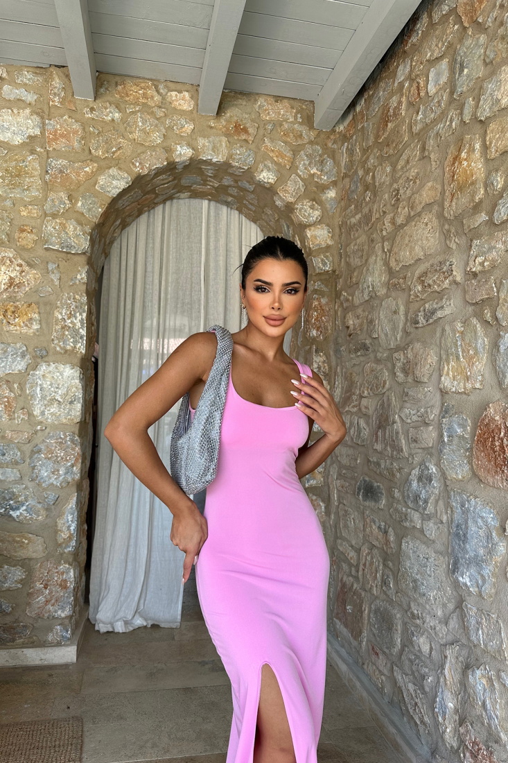 Pembe Kare Yaka Yırtmaçlı Elbise ATE8186 - EYYO