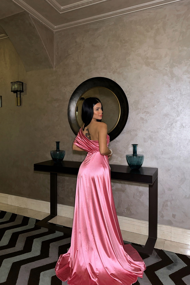 Pembe Omuz Detay Abiye Elbise ATEL2410 - 4