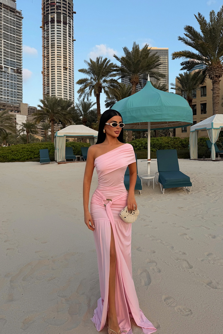 Pembe Nicolette Uzun Yırtmaçlı Elbise ATE-4597 - EYYO