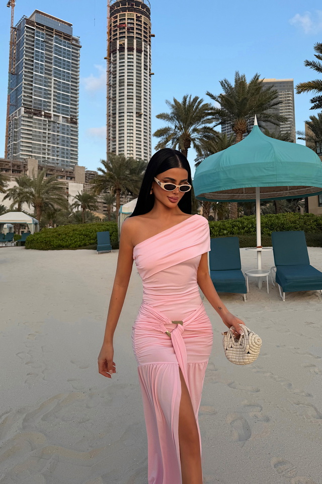 Pembe Nicolette Uzun Yırtmaçlı Elbise ATE-4597 - 2