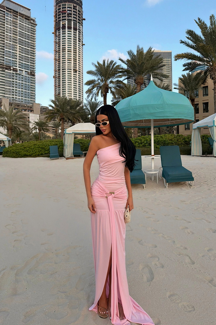 Pembe Nicolette Uzun Yırtmaçlı Elbise ATE-4597 - EYYO