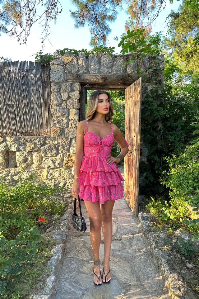 Pembe Önden Bağlamalı Mini Elbise ATE7197 - 3
