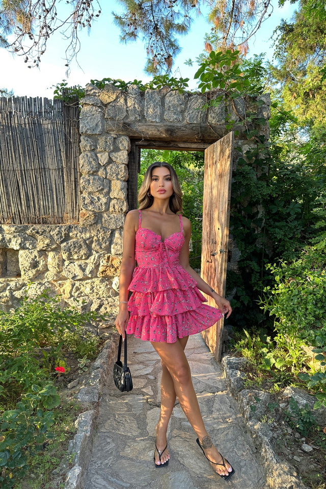 Pembe Önden Bağlamalı Mini Elbise ATE7197 - 4