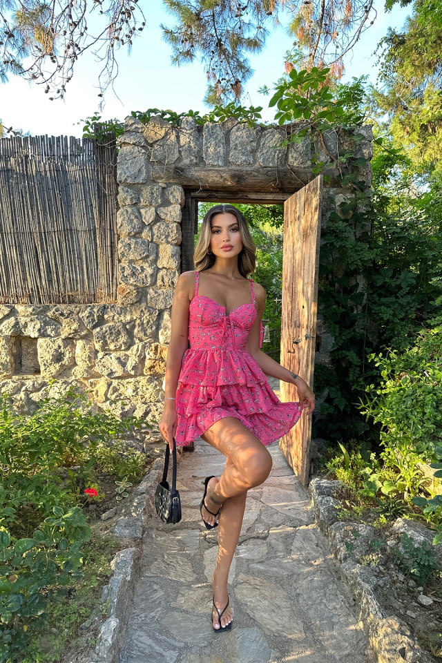 Pembe Önden Bağlamalı Mini Elbise ATE7197 - 5
