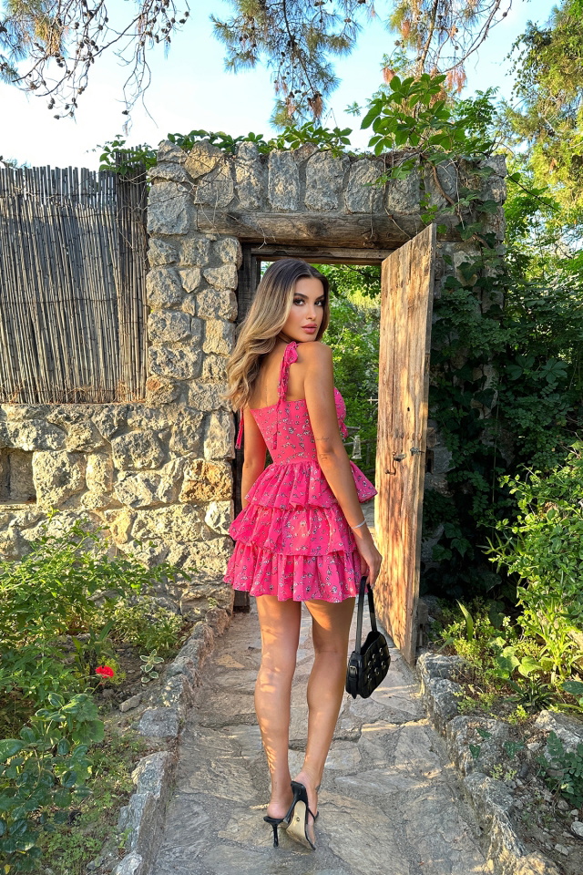 Pembe Önden Bağlamalı Mini Elbise ATE7197 - 6