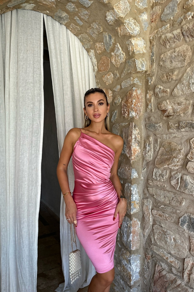 Pembe Önü Büzgülü Saten Elbise ATEL2445 