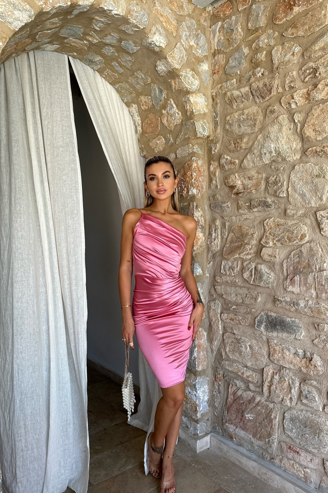 Pembe Önü Büzgülü Saten Elbise ATEL2445 - 3