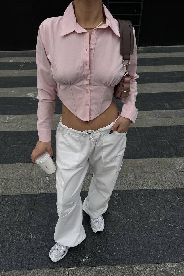 Pembe Önü Düğmeli Crop Top ATE4164 - 2