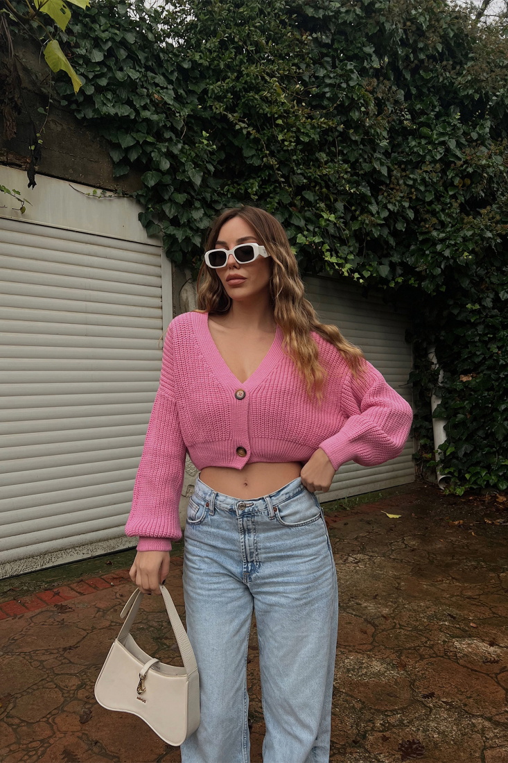 Pembe Önü Düğmeli Triko Hırka ATE2906 - EYYO