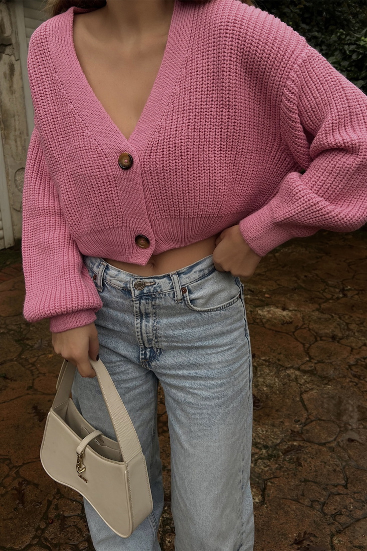 Pembe Önü Düğmeli Triko Hırka ATE2906 - EYYO