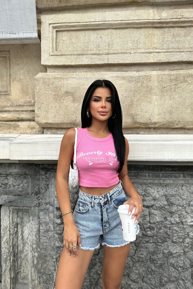 Pembe Önü Yazılı Crop Top ATE7986 - 1