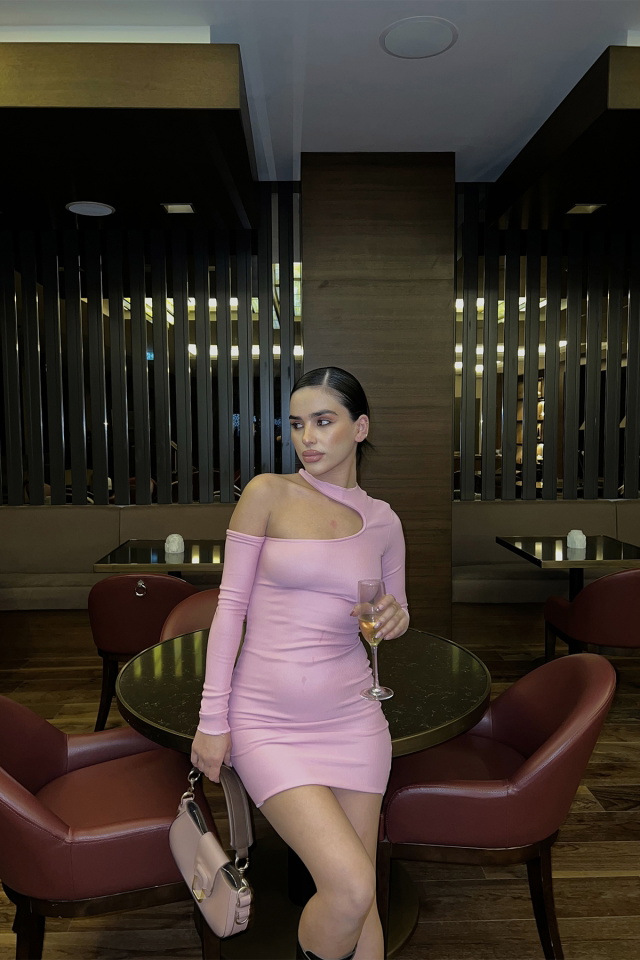 Pembe Pencere Detay Fitilli Mini Elbise ATE3369 