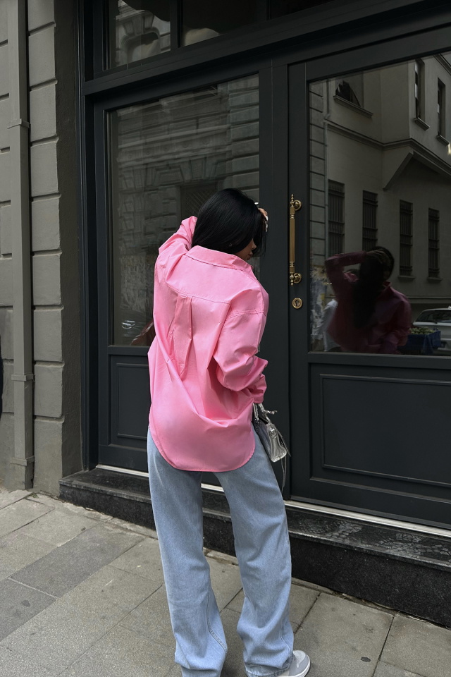 Pembe Poplin Cep Detay Gömlek ATE8687 - 5