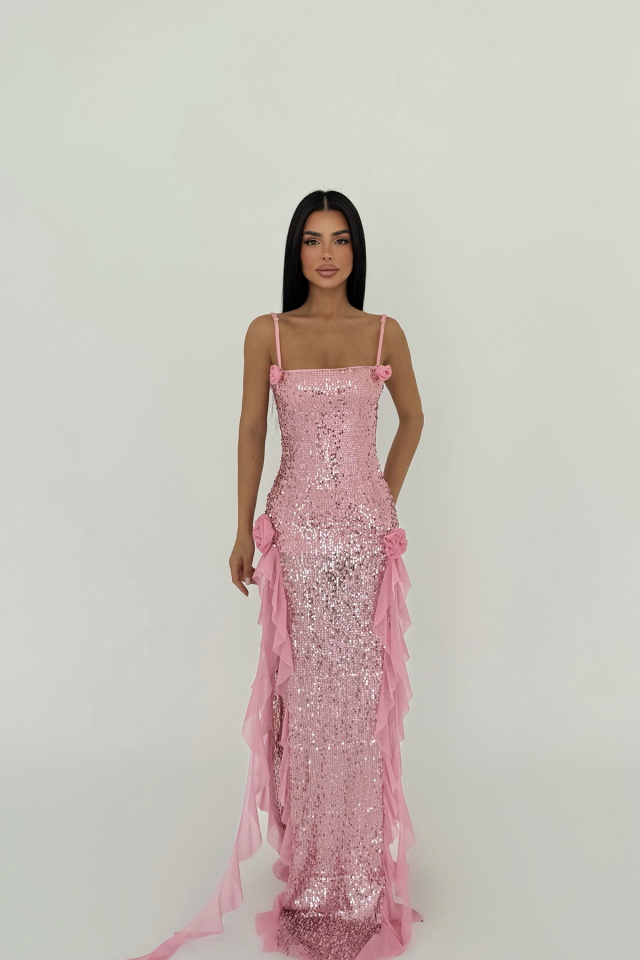 Pembe Paxton Payetli Uzun Yırtmaçlı Elbise ATE-2615 - 1