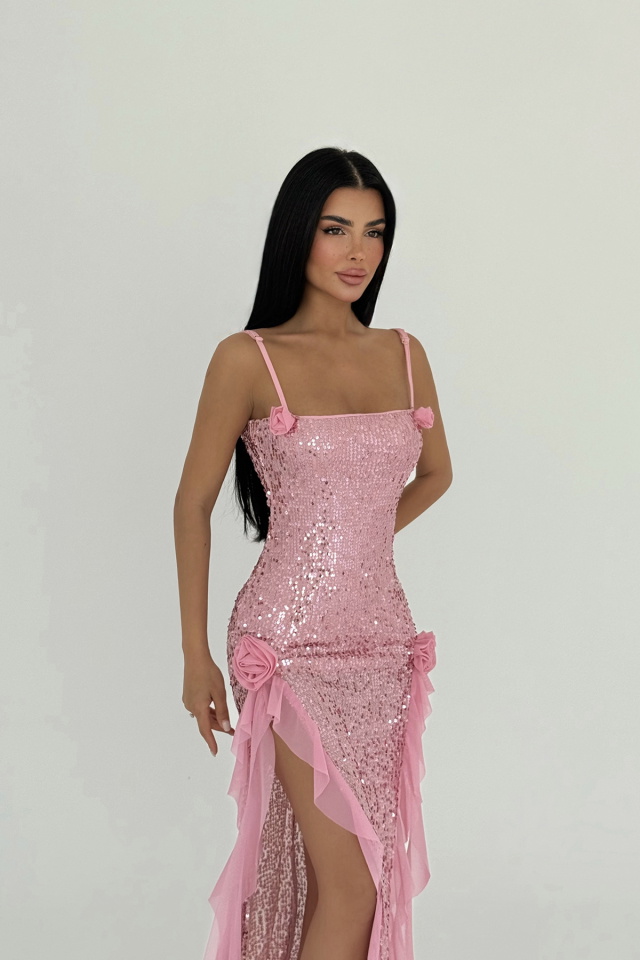 Pembe Paxton Payetli Uzun Yırtmaçlı Elbise ATE-2615 - 2