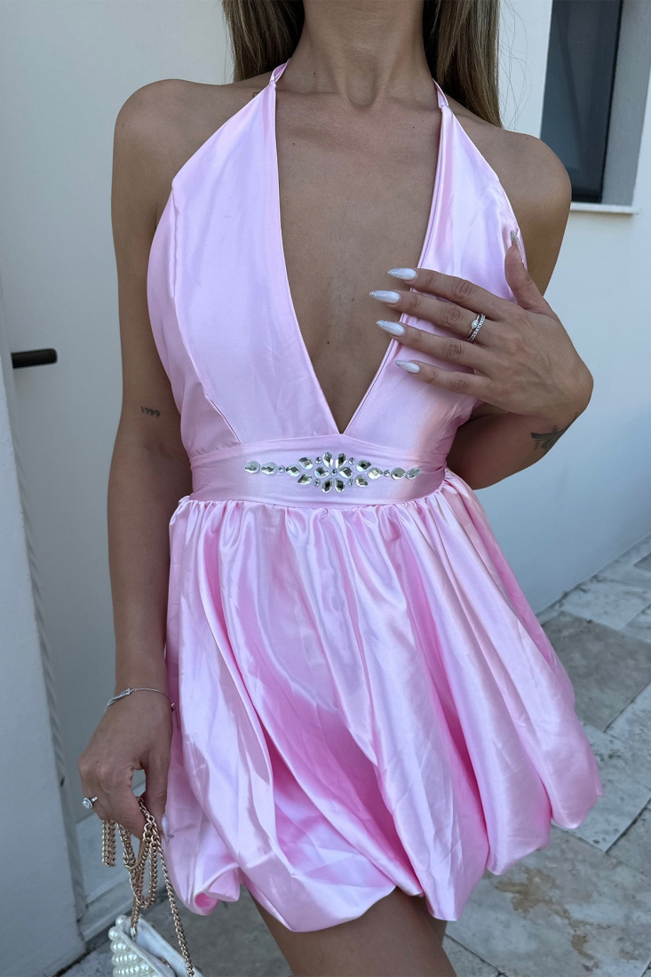 Pembe Saten Mini Elbise ATEL2058 - EYYO