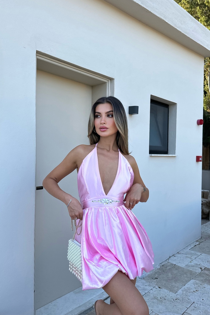 Pembe Saten Mini Elbise ATEL2058 - EYYO