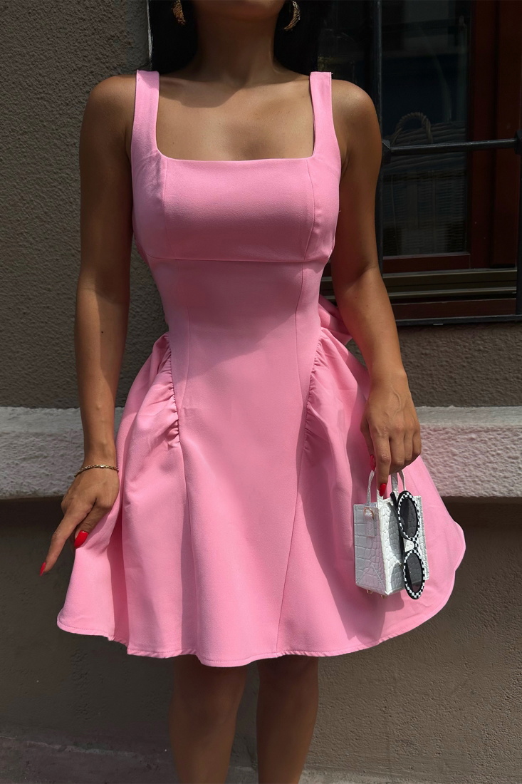 Pembe Sırt Detay Bağlamalı Mini Elbise ATE7568 - EYYO