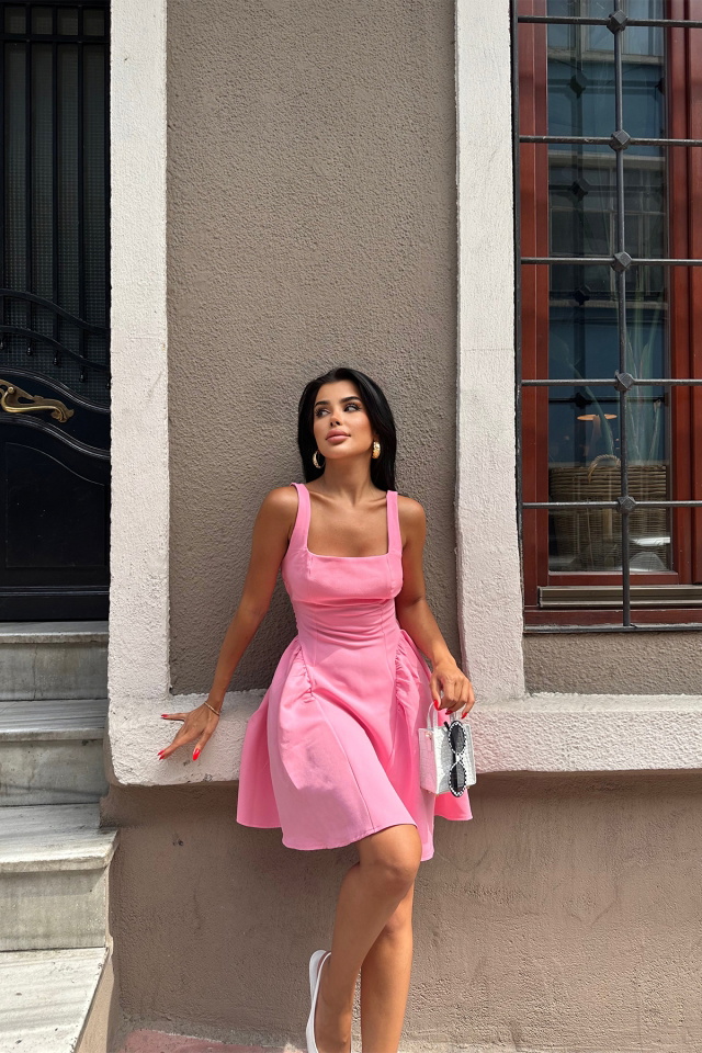 Pembe Sırt Detay Bağlamalı Mini Elbise ATE7568 - 1