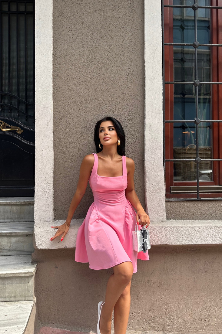 Pembe Sırt Detay Bağlamalı Mini Elbise ATE7568 - EYYO
