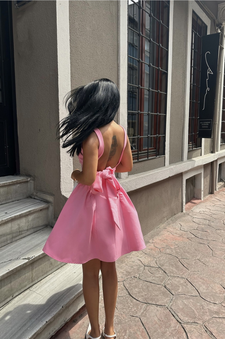 Pembe Sırt Detay Bağlamalı Mini Elbise ATE7568 - EYYO