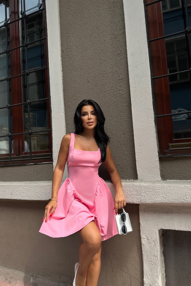 Pembe Sırt Detay Bağlamalı Mini Elbise ATE7568 - 4