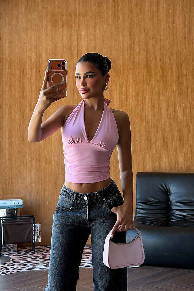 Pembe Sırt Detay Crop Top ATE-5865 -