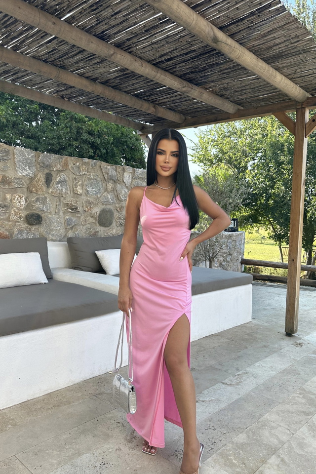 Pembe Sırt Detay Derin Yırtmaçlı Elbise ATE8191 - 6