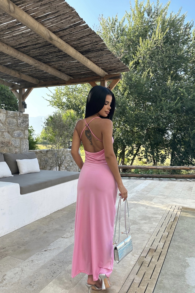 Pembe Sırt Detay Derin Yırtmaçlı Elbise ATE8191 - 9