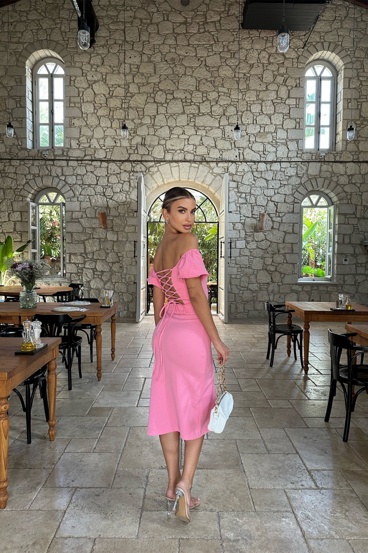 Pembe Sırtı Bağcık Detay Bağlamalı Elbise ATE7576 - EYYO